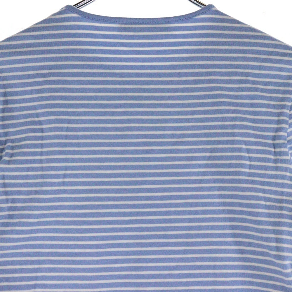 PRADA(プラダ) 23SS ボーダー総柄 トライアングルロゴプレート クルーネック 五分袖 クロップド ショート丈 Tシャツ カットソー トップス ブルー レディース 39578