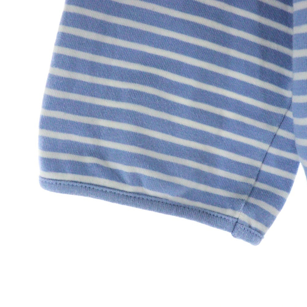 PRADA(プラダ) 23SS ボーダー総柄 トライアングルロゴプレート クルーネック 五分袖 クロップド ショート丈 Tシャツ カットソー トップス ブルー レディース 39578