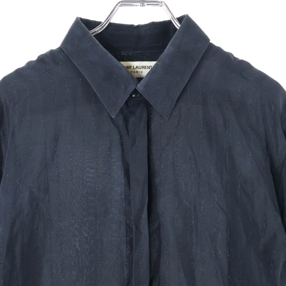 SAINT LAURENT PARIS(サンローランパリ) ストライプ総柄 シルク ロングスリーブ 長袖シャツ ブラック 749174
