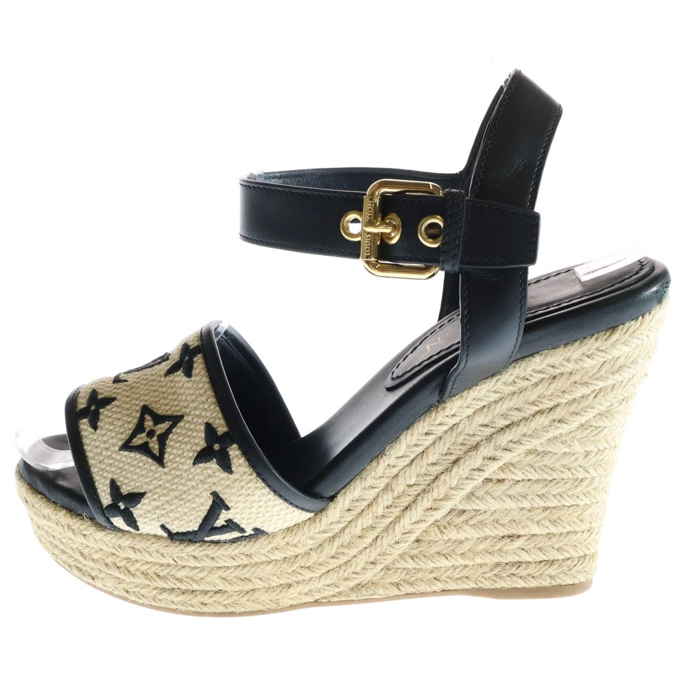LOUIS VUITTON(ルイヴィトン) 23SS LVスターボードライン ウェッジソール モノグラム レザー ヒール サンダル シューズ ブラック/ベージュ レディース