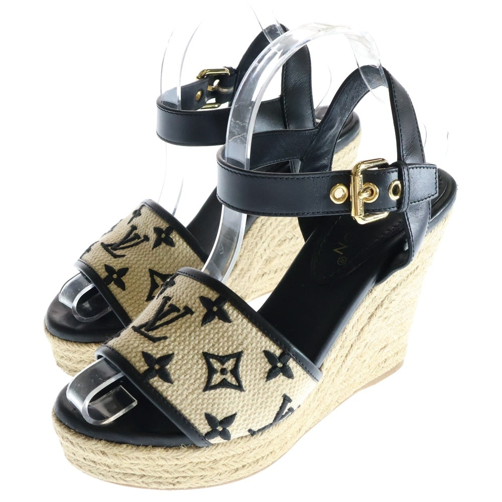 LOUIS VUITTON(ルイヴィトン) 23SS LVスターボードライン ウェッジソール モノグラム レザー ヒール サンダル シューズ ブラック/ベージュ レディース