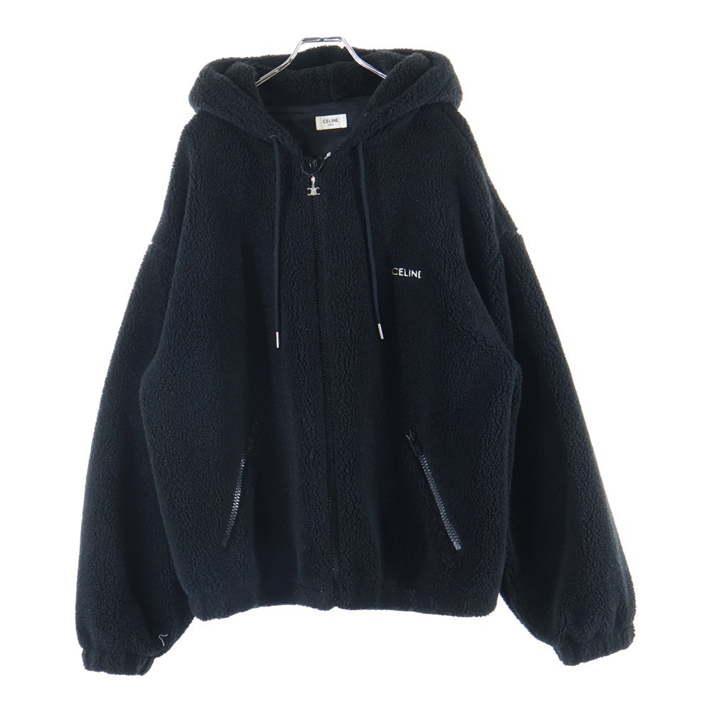 CELINE(セリーヌ) 24AW ロゴ刺繍 トリオンフチャーム ボアフリース ジップアップ パーカー フーディー ブラック 2Y905699M