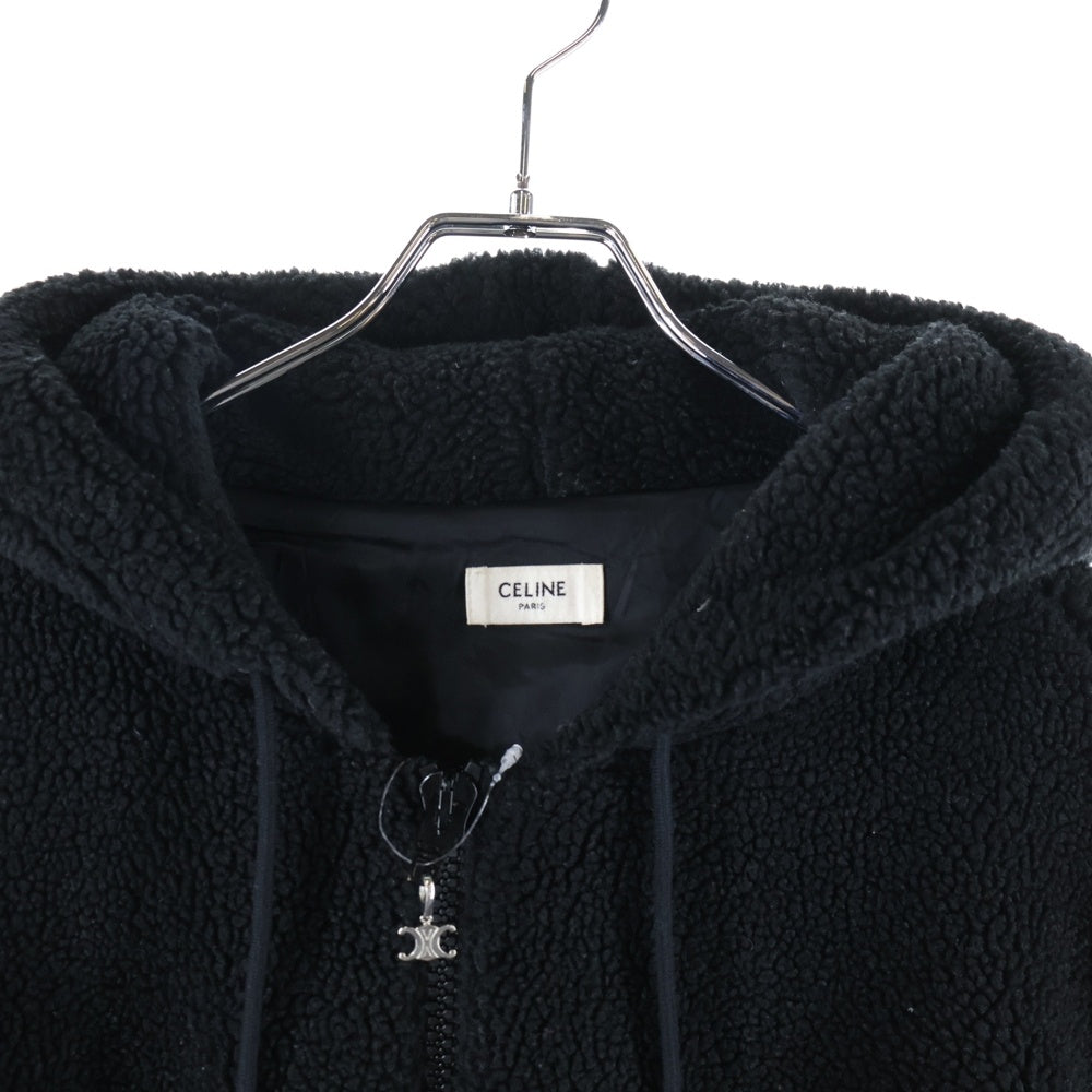 CELINE(セリーヌ) 24AW ロゴ刺繍 トリオンフチャーム ボアフリース ジップアップ パーカー フーディー ブラック 2Y905699M
