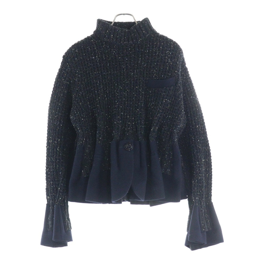 Sacai(サカイ) 19AW コートドッキング 変形 ボリューム ハイネック プルオーバー ニット セーター ブラック/ネイビー レディース 19-04761