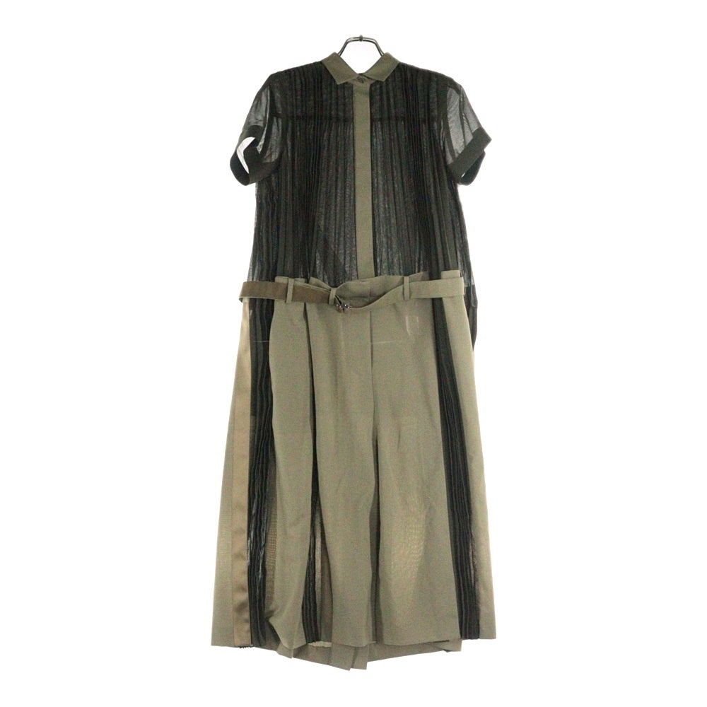 Sacai(サカイ) 22AW プリーツ ドッキング 半袖 シャツ ワンピース カーキ レディース 22-06038
