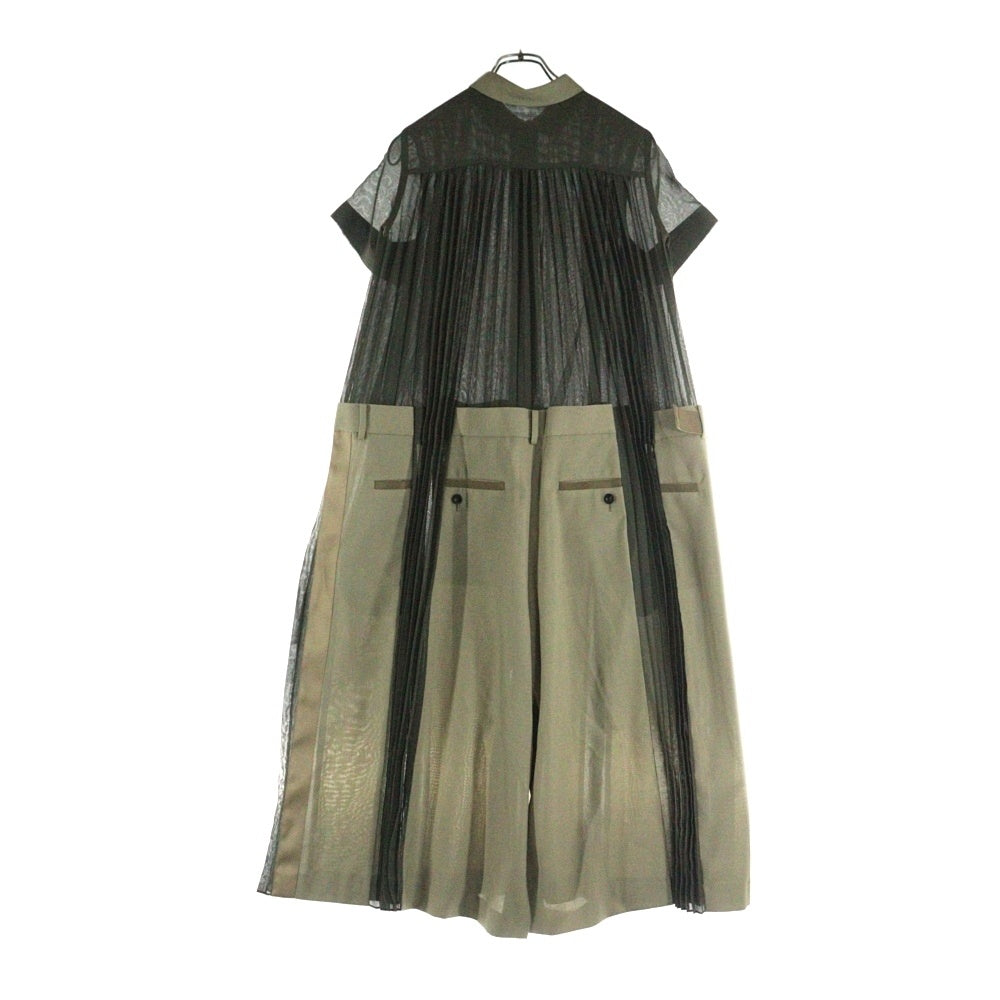 Sacai(サカイ) 22AW プリーツ ドッキング 半袖 シャツ ワンピース カーキ レディース 22-06038