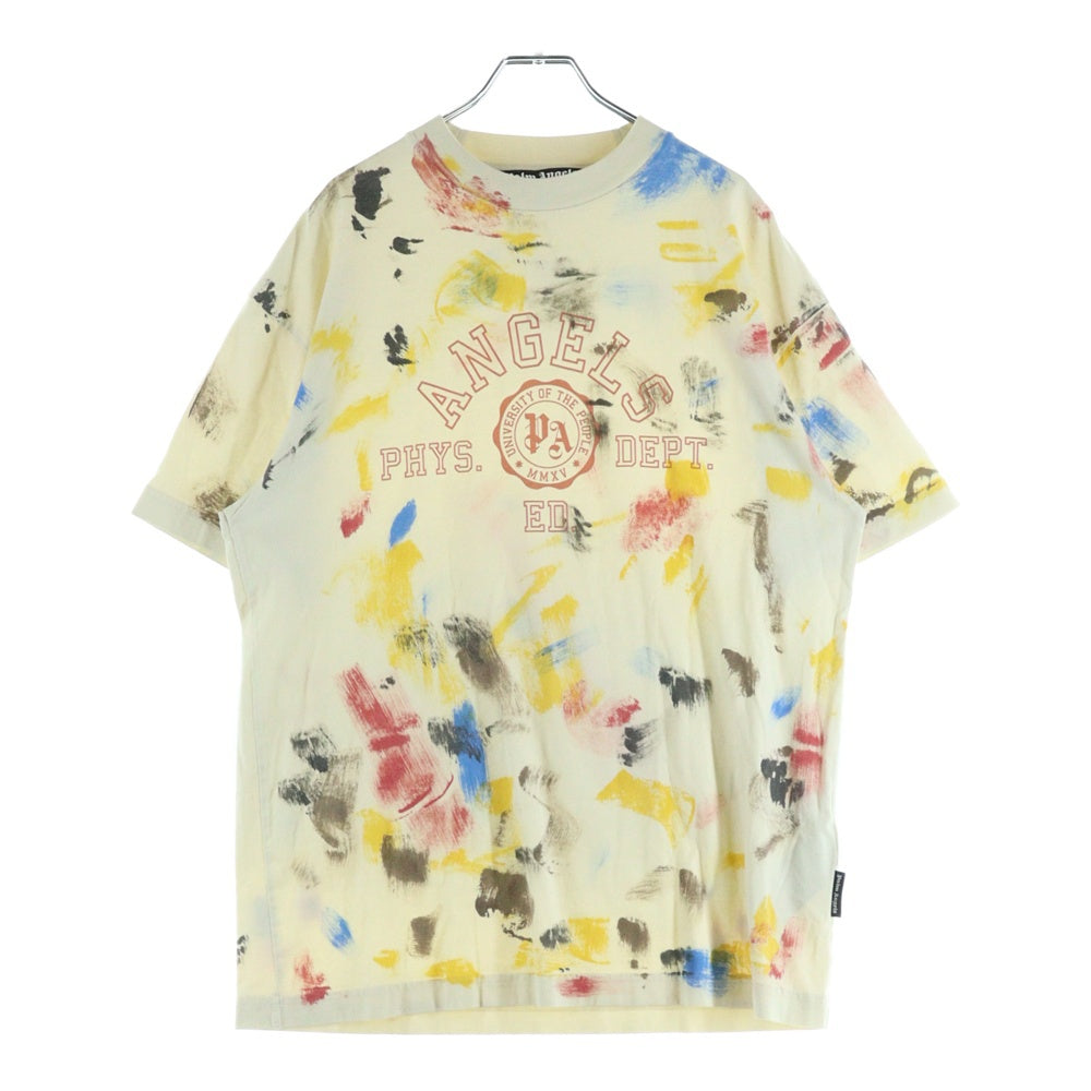 Palm Angels(パームエンジェルス) 22SS Paint Effect College Crewneck T-Shirt ペイント加工 カレッジロゴプリント クルーネック 半袖Tシャツ カットソー ベージュ PMAA072S22JER002