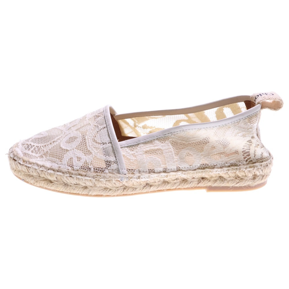 Chloe(クロエ) ロゴ レース柄 エスパドリーユ レザー フラットシューズ ホワイト レディース