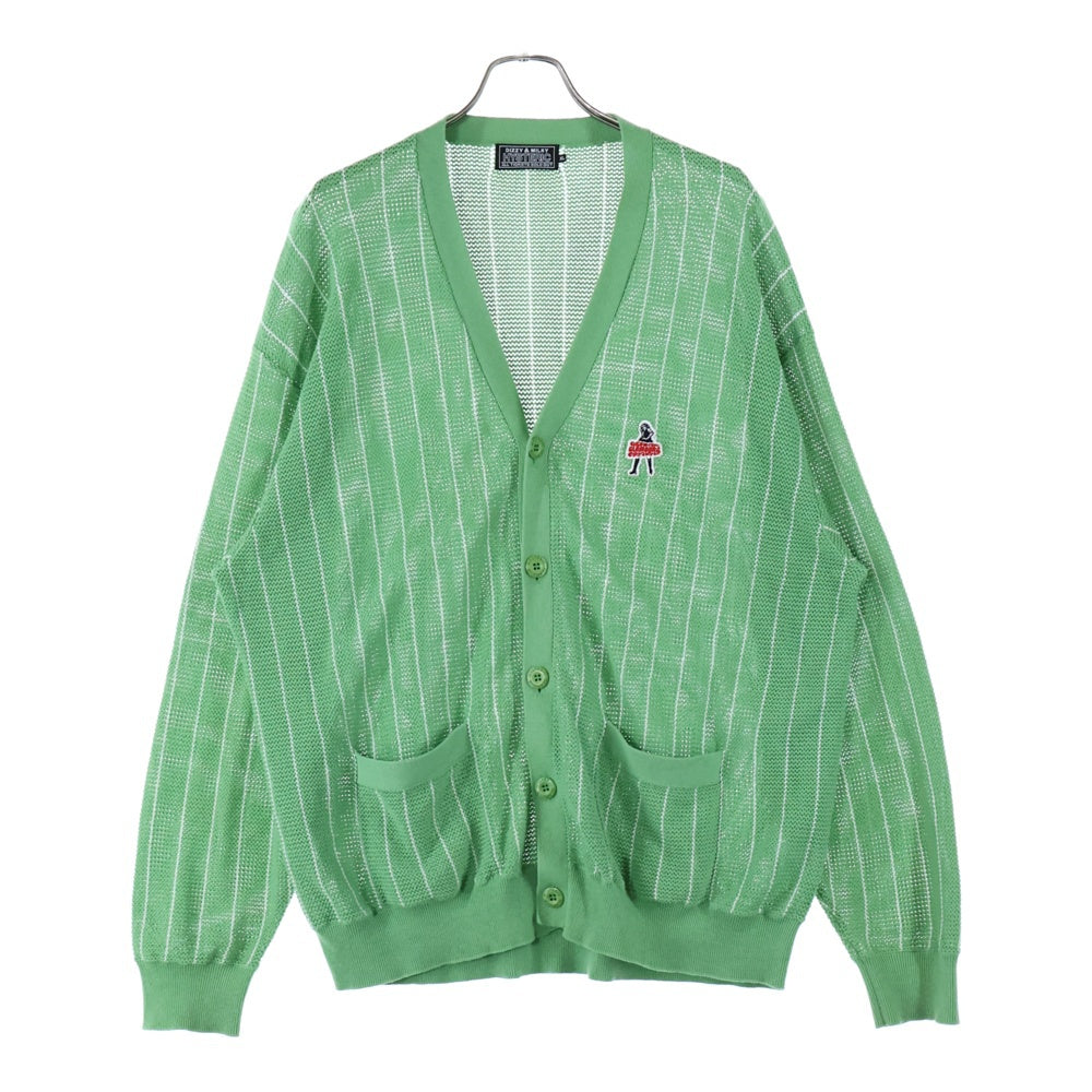 HYSTERIC GLAMOUR(ヒステリックグラマー) VIXEN GIRL ビクセンガール ワッペンロゴ ストライプ柄 コットンニット カーディガン ライトグリーン 02241ND02