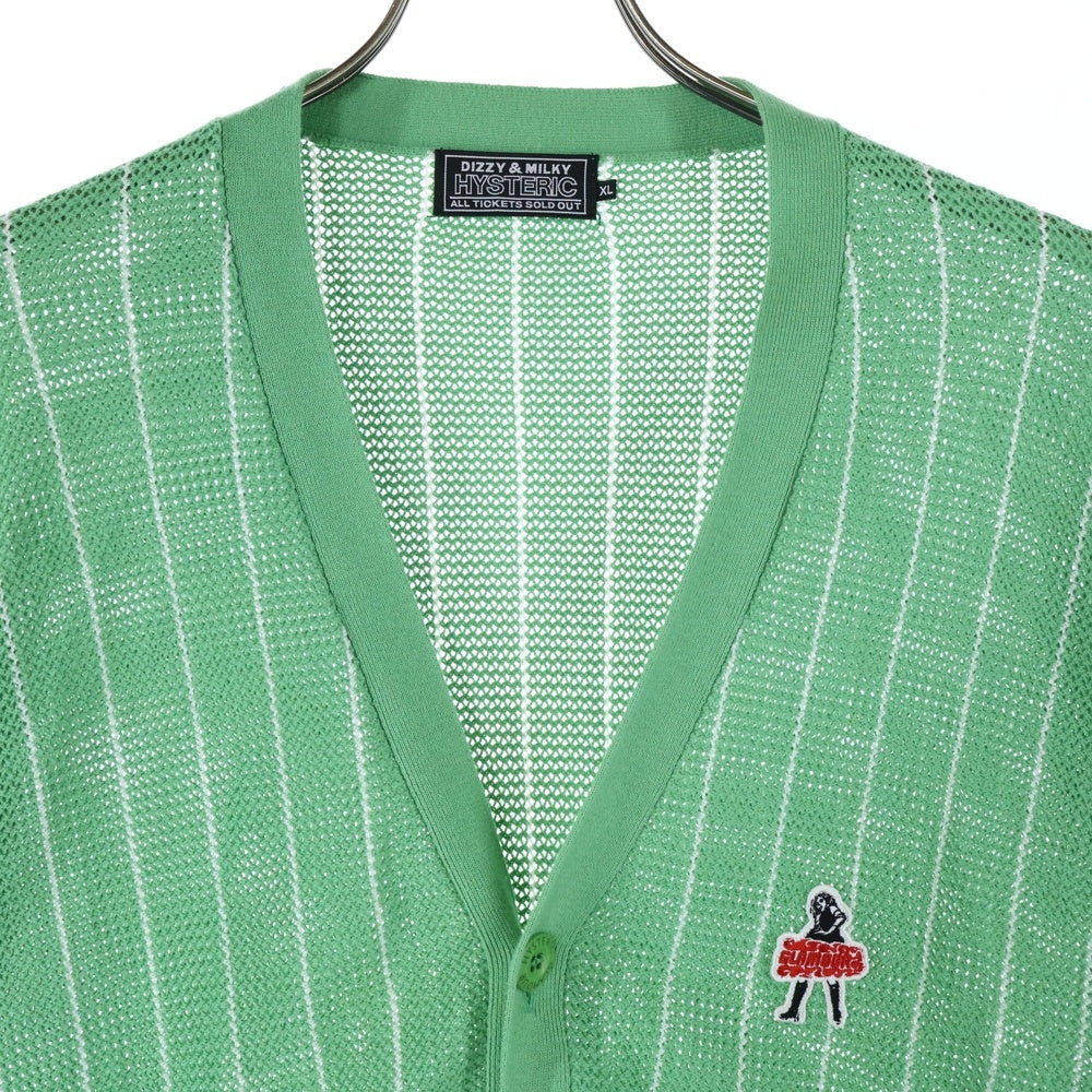 HYSTERIC GLAMOUR(ヒステリックグラマー) VIXEN GIRL ビクセンガール ワッペンロゴ ストライプ柄 コットンニット カーディガン ライトグリーン 02241ND02