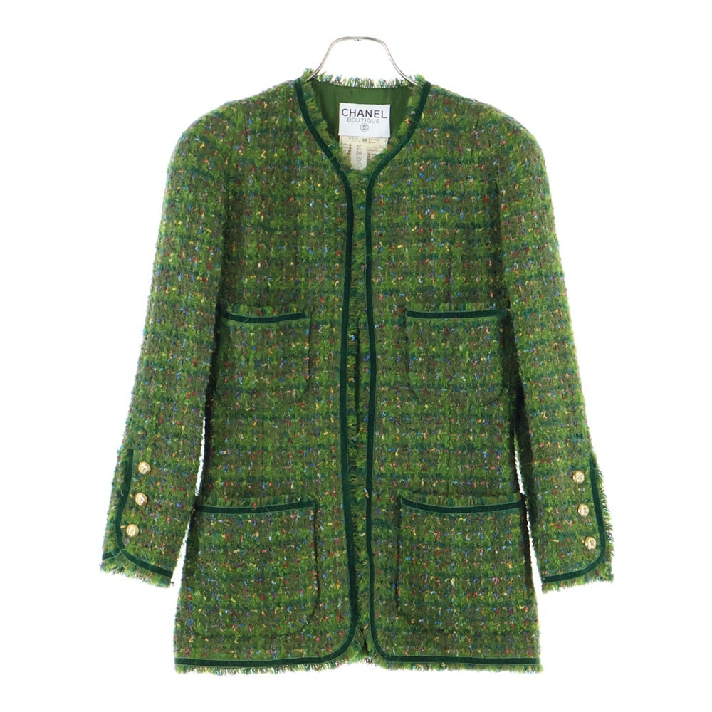 CHANEL(シャネル) ココマークボタン ウールツイード ベロア カットオフ ノーカラー ジャケット グリーン レディース 91600
