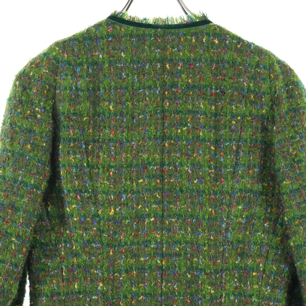 CHANEL(シャネル) ココマークボタン ウールツイード ベロア カットオフ ノーカラー ジャケット グリーン レディース 91600