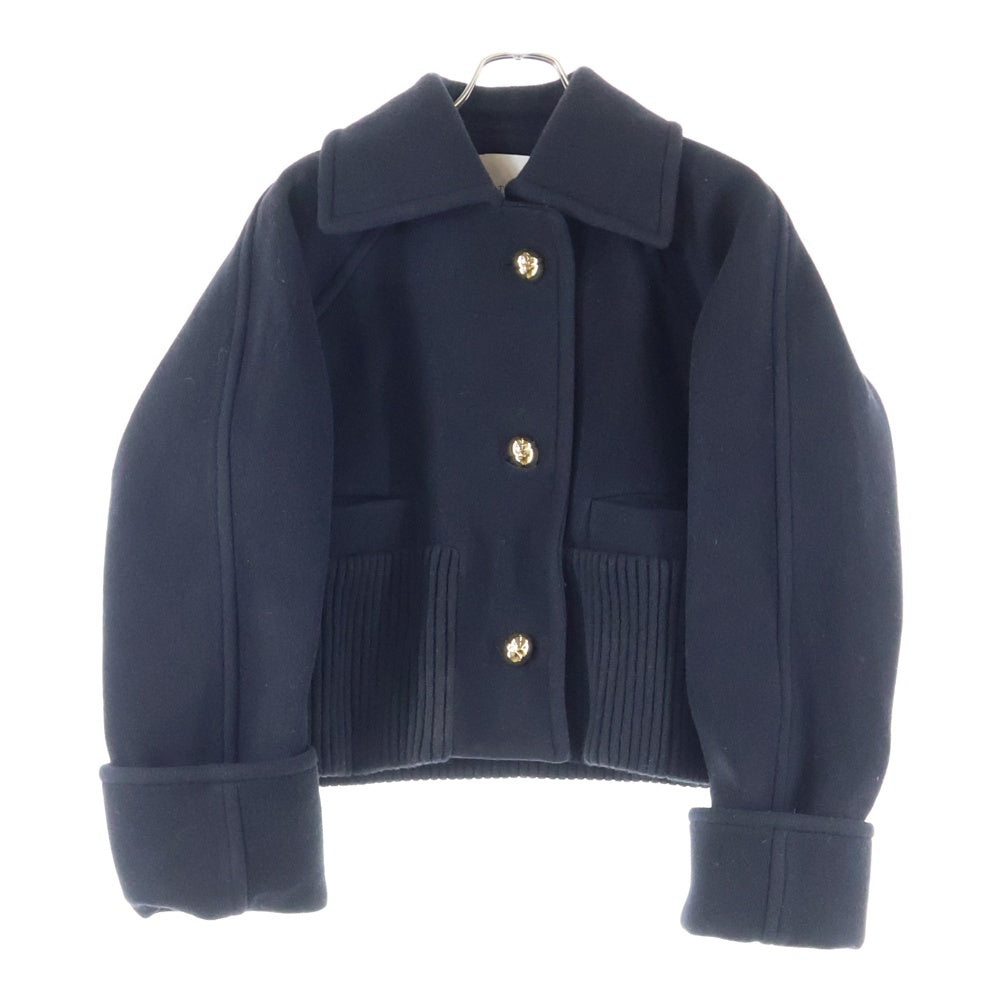 PATOU(パトゥー) ゴールドボタン クロップド ショート丈 ウール リブニット切り替え メルトン コート ジャケット ブラック レディース 24A-C0023-0183