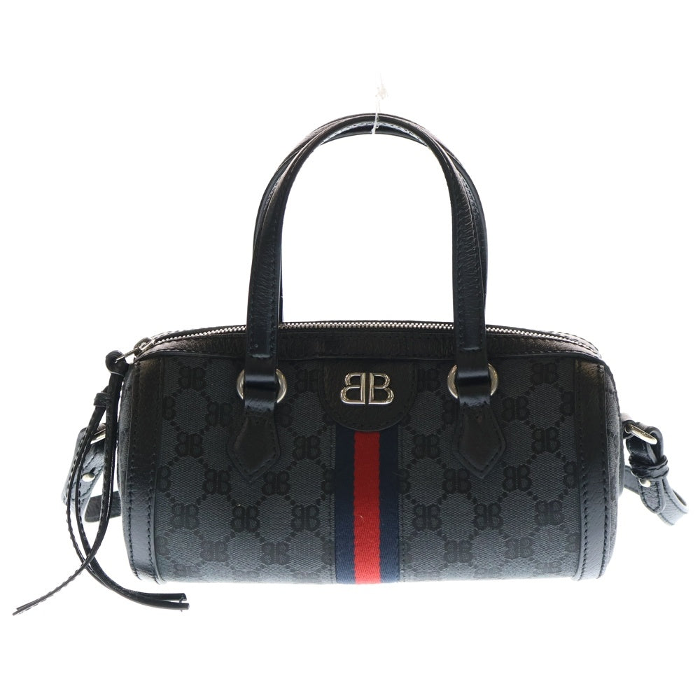 BALENCIAGA(バレンシアガ) ×GUCCI グッチ ザ ハッカープロジェクト BBロゴプレート キャンバス シェリーライン レザー 2WAY ハンド ショルダーバッグ シルバー金具 ブラック 680123