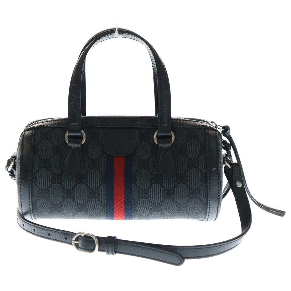 BALENCIAGA(バレンシアガ) ×GUCCI グッチ ザ ハッカープロジェクト BBロゴプレート キャンバス シェリーライン レザー 2WAY ハンド ショルダーバッグ シルバー金具 ブラック 680123