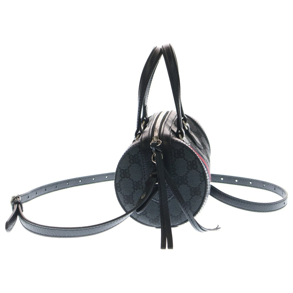 BALENCIAGA(バレンシアガ) ×GUCCI グッチ ザ ハッカープロジェクト BBロゴプレート キャンバス シェリーライン レザー 2WAY ハンド ショルダーバッグ シルバー金具 ブラック 680123