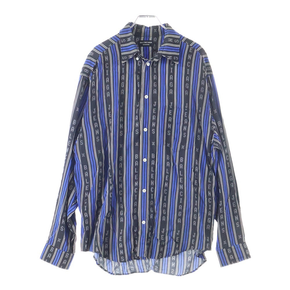 BALENCIAGA(バレンシアガ) ロゴ ストライプ総柄プリント レーヨン ボタンダウン 長袖シャツ ブラック/ブルー 627023