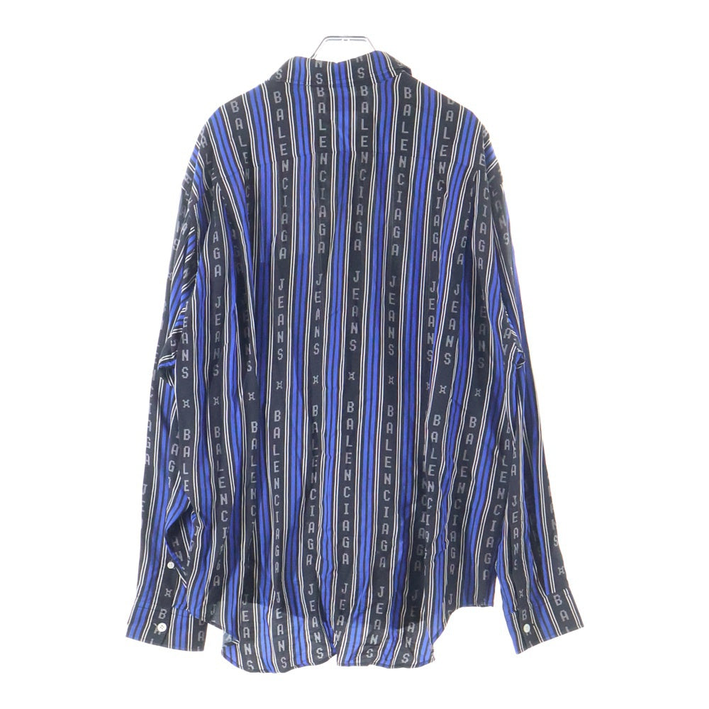 BALENCIAGA(バレンシアガ) ロゴ ストライプ総柄プリント レーヨン ボタンダウン 長袖シャツ ブラック/ブルー 627023