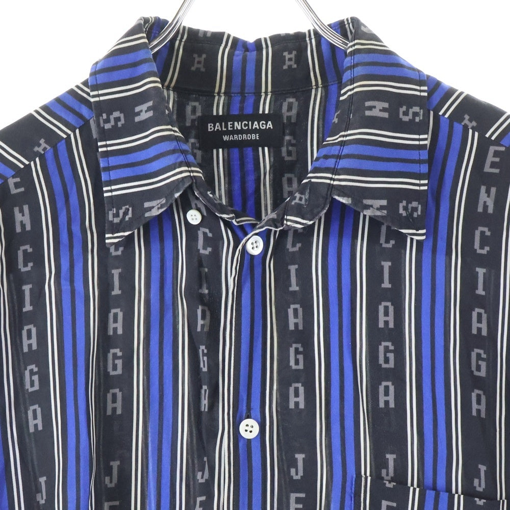 BALENCIAGA(バレンシアガ) ロゴ ストライプ総柄プリント レーヨン ボタンダウン 長袖シャツ ブラック/ブルー 627023