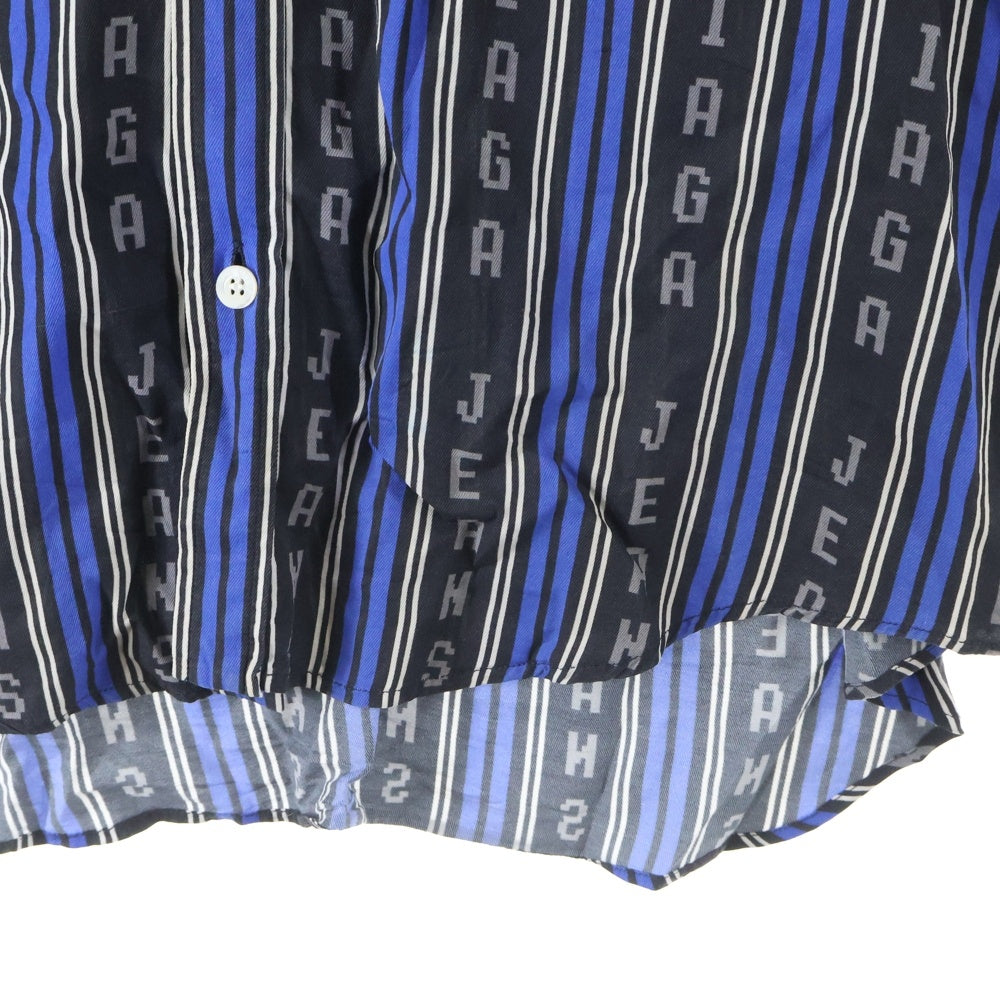 BALENCIAGA(バレンシアガ) ロゴ ストライプ総柄プリント レーヨン ボタンダウン 長袖シャツ ブラック/ブルー 627023
