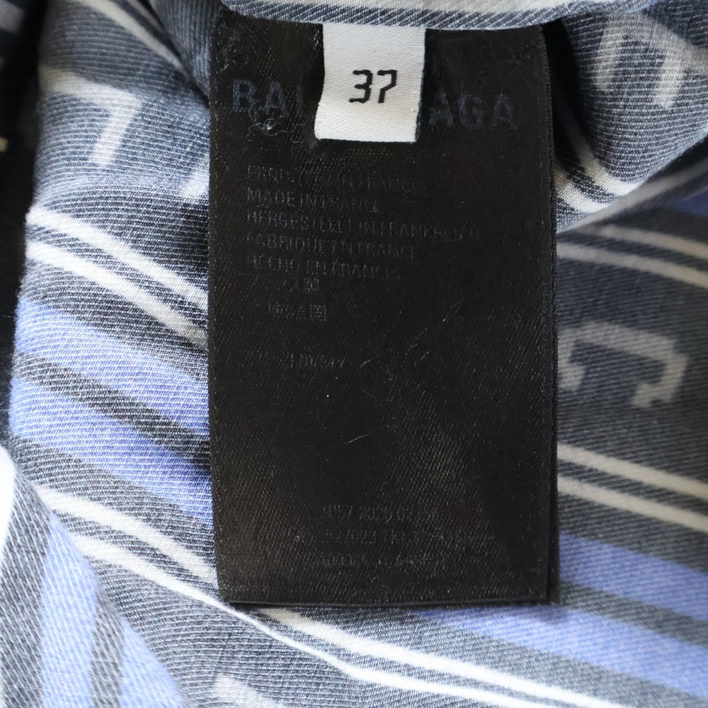 BALENCIAGA(バレンシアガ) ロゴ ストライプ総柄プリント レーヨン ボタンダウン 長袖シャツ ブラック/ブルー 627023