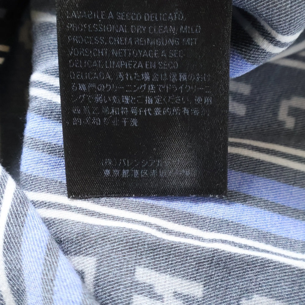 BALENCIAGA(バレンシアガ) ロゴ ストライプ総柄プリント レーヨン ボタンダウン 長袖シャツ ブラック/ブルー 627023