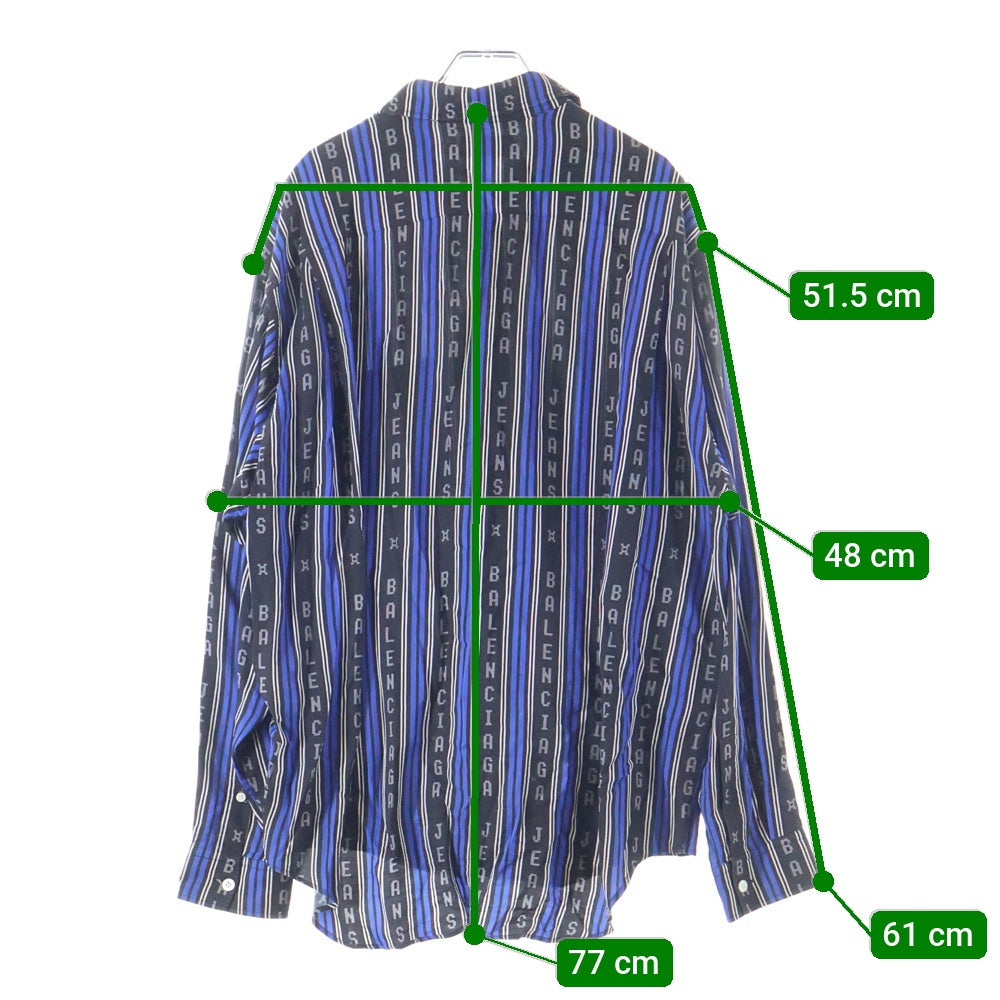 BALENCIAGA(バレンシアガ) ロゴ ストライプ総柄プリント レーヨン ボタンダウン 長袖シャツ ブラック/ブルー 627023