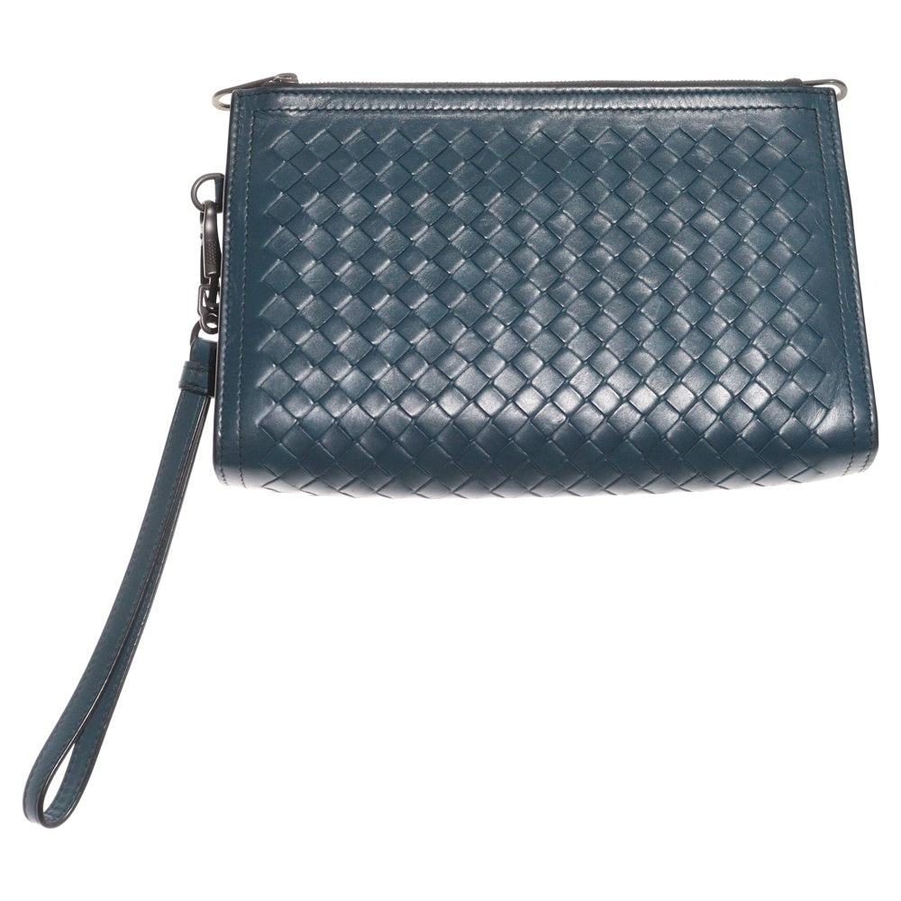 BOTTEGA VENETA(ボッテガヴェネタ) イントレチャート ポーチ ケース セカンドバッグ クラッチバッグ スモーキーブルー レザー ブラック金具