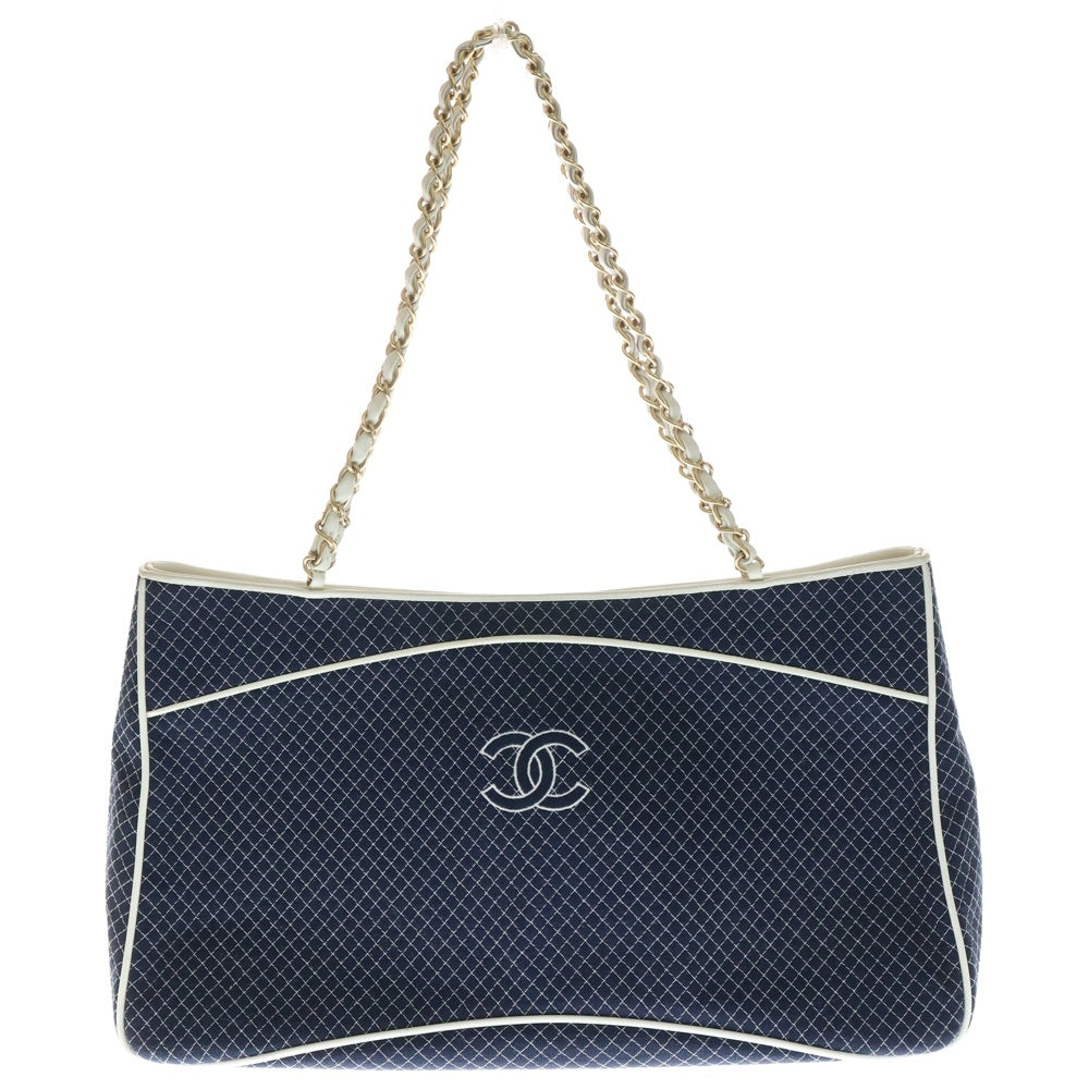 CHANEL(シャネル) マイクロマトラッセ ココマーク レザー切替チェーンキャンバスハンドバッグ ネイビー/ホワイト レディース