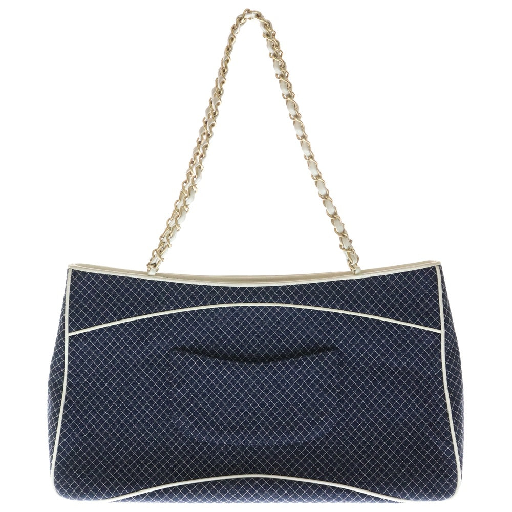 CHANEL(シャネル) マイクロマトラッセ ココマーク レザー切替チェーンキャンバスハンドバッグ ネイビー/ホワイト レディース