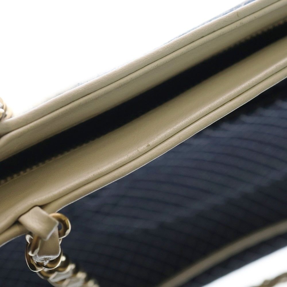 CHANEL(シャネル) マイクロマトラッセ ココマーク レザー切替チェーンキャンバスハンドバッグ ネイビー/ホワイト レディース