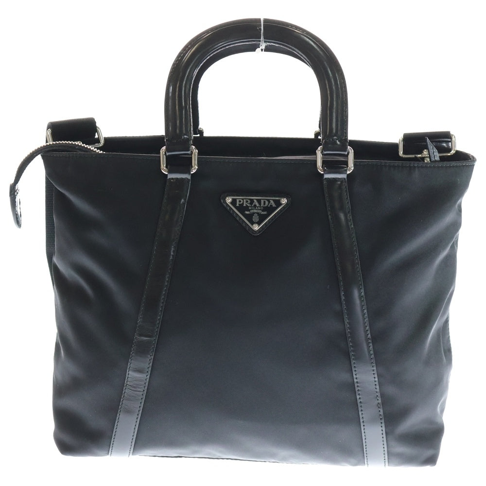 PRADA(プラダ) ロゴ ハンドバッグ トートバッグ ブラック レザー×ナイロン シルバー金具
