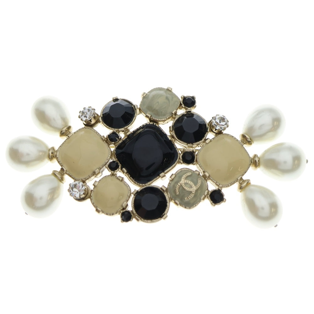 CHANEL(シャネル) グリポア パール付きブローチ ココマーク ストーン ピンバッジ ブラック×ベージュ×ゴールド 08A レディース