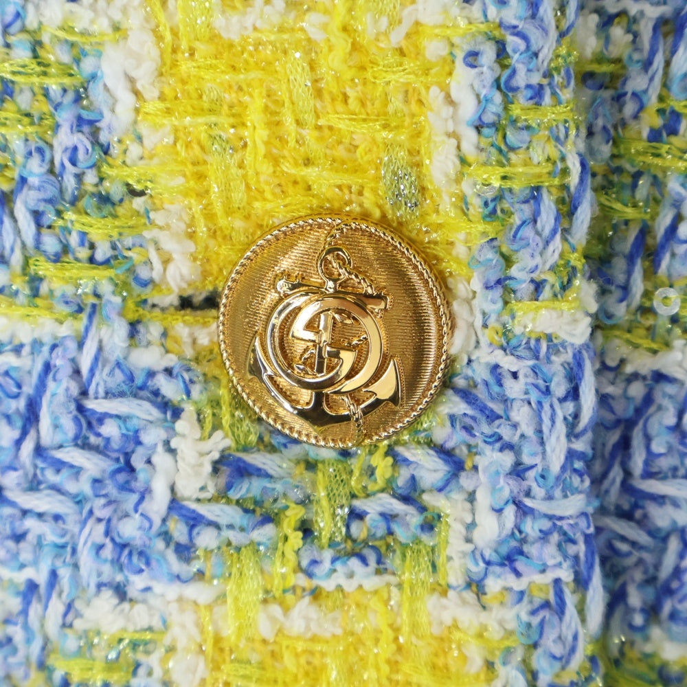 GUCCI(グッチ) インターロッキングG ロゴボタン ラメツイード チェック総柄 2B テーラードジャケット イエロー/ブルー 752649 レディース
