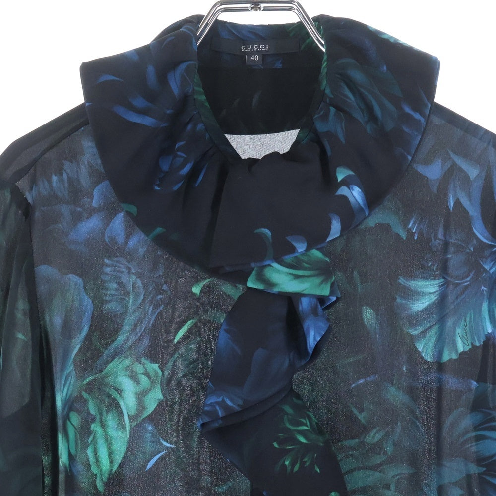GUCCI(グッチ) フラワー総柄プリント ギャザーカラー シルクブラウス シャツ ブラック レディース 300585