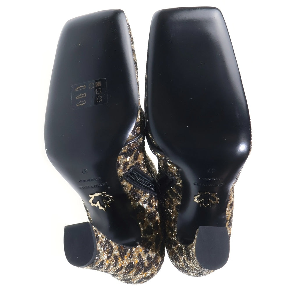 DSQUARED2(ディースクエアード) ラメグリッター レオパード総柄 サイドジップ ヒール スクエアトゥ ショートブーツ ゴールド レディース