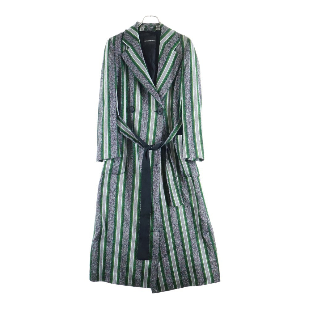 EMPORIO ARMANI(エンポリオアルマーニ) ラメ ストライプ総柄 ジャガード チェスター ロングコート シルバー/グリーン レディース
