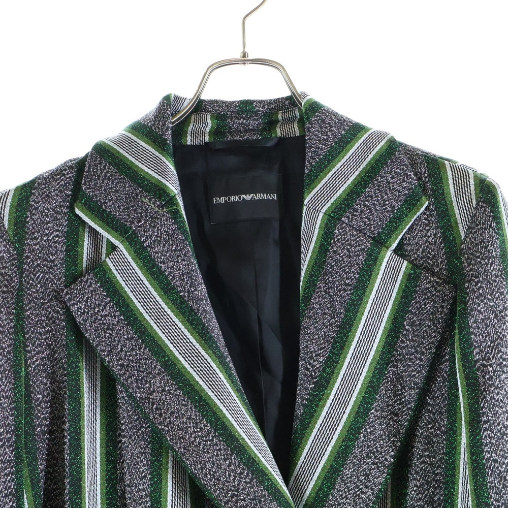 EMPORIO ARMANI(エンポリオアルマーニ) ラメ ストライプ総柄 ジャガード チェスター ロングコート シルバー/グリーン レディース