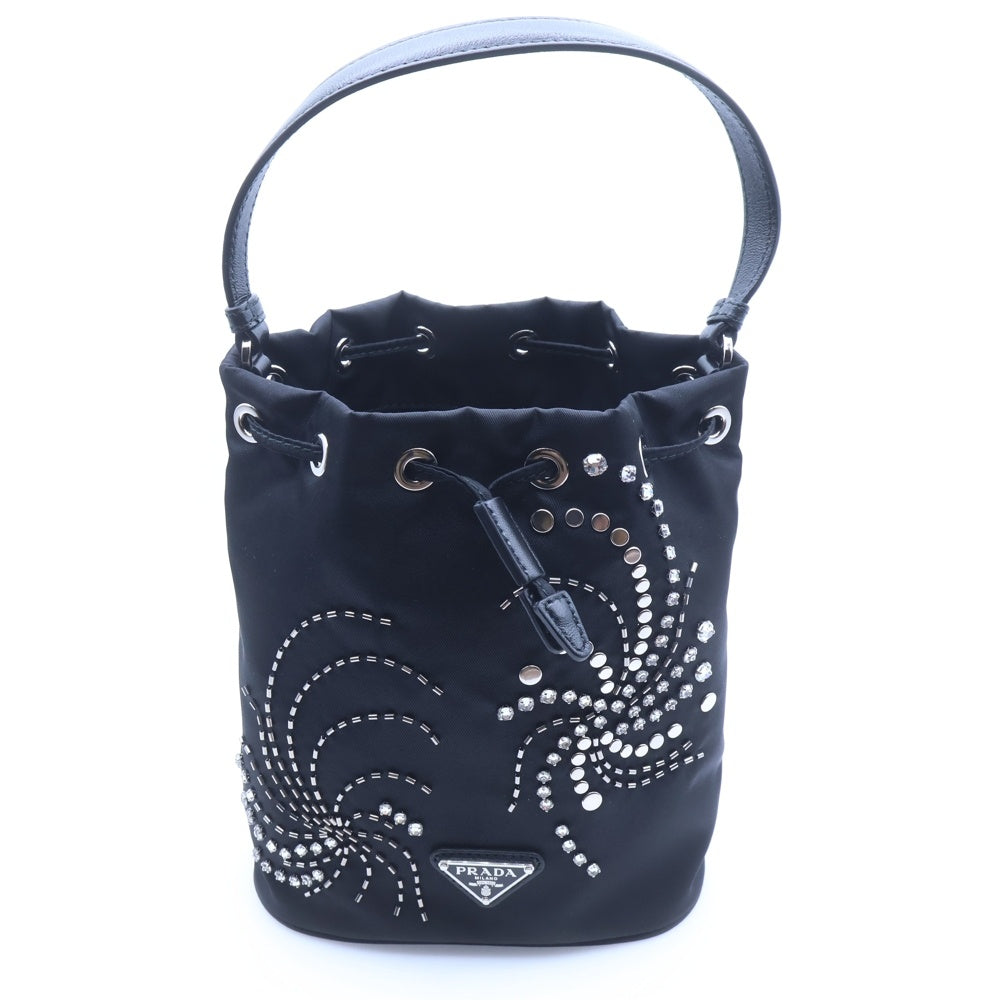 PRADA(プラダ) リナイロン トライアングルロゴ ラインストーンバケットバッグ 2WAYバッグ ショルダーバッグ ハンドバッグ ブラック ナイロン 1BE067 シルバー金具 レディース