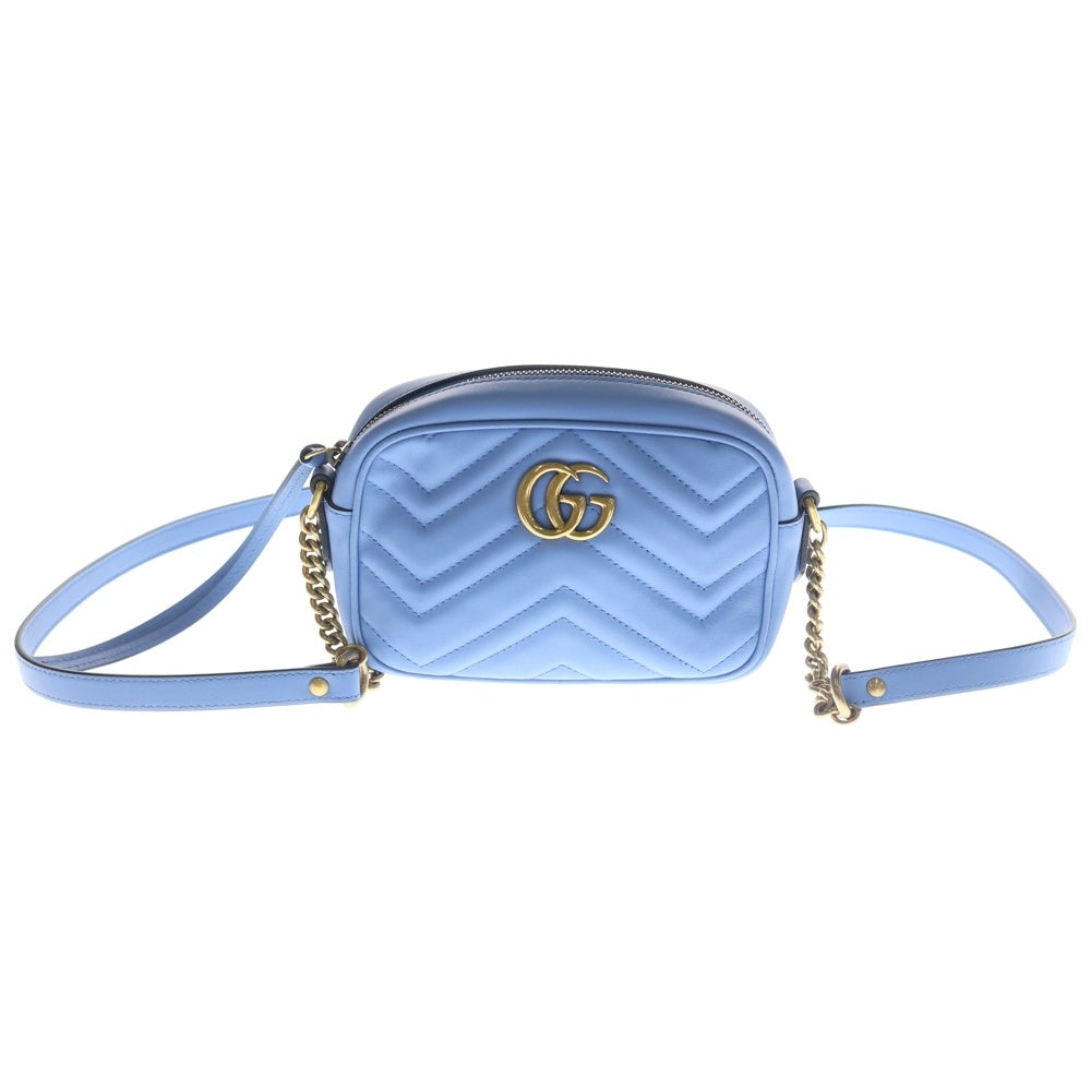 GUCCI(グッチ) GGマーモント キルティングミニバッグ チェーンバッグ ライトブルー レザー 448065 ゴールド金具 レディース