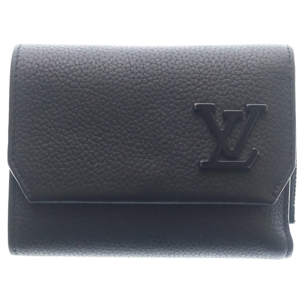 LOUIS VUITTON(ルイヴィトン) LVアエログラム ポルトフォイユ・パイロット コンパクトウォレット 三つ折り財布 コインケース ブラック レザー M81740 ブラック金具 レディース