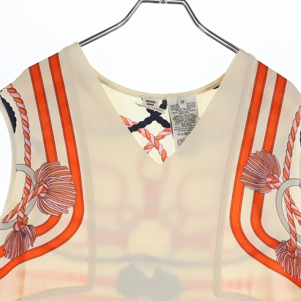 HERMES(エルメス) ツイルレーヌ 馬具柄プリント シルクスカーフ切り替え Vネック ノースリーブ ニット ワンピース ドレス ベージュ レディース