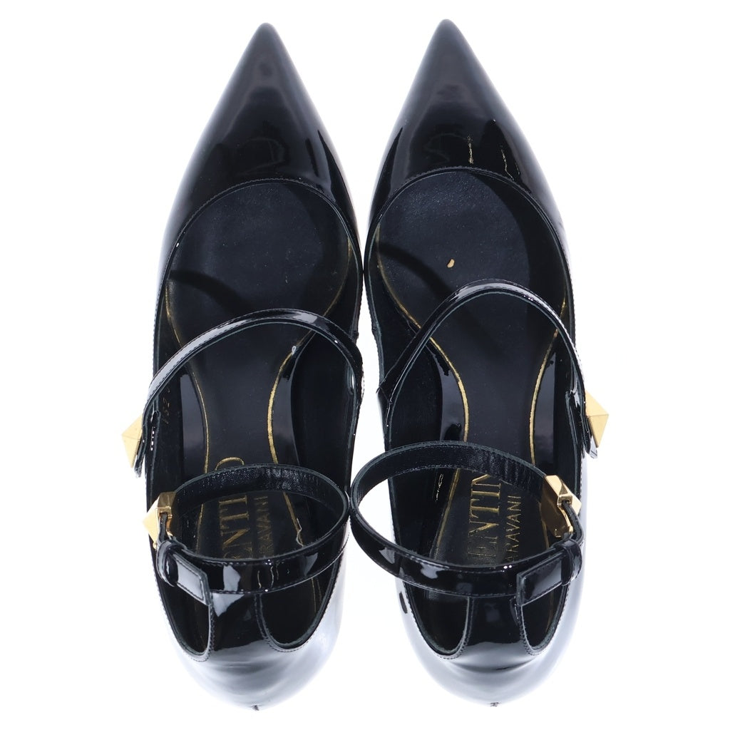 VALENTINO(ヴァレンティノ) ロックスタッズ パテントレザー ポインテッドトゥ アンクルストラップ ヒール パンプス シューズ ゴールド金具 ブラック レディース