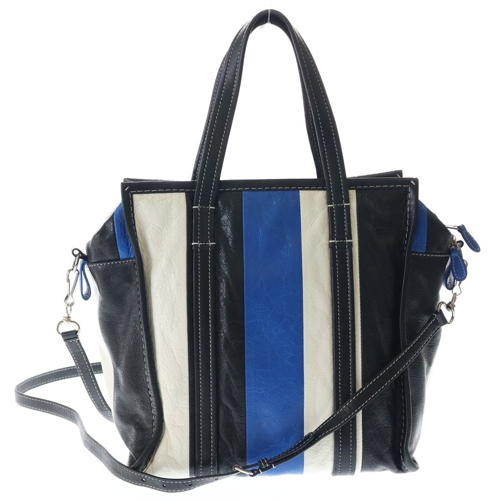 BALENCIAGA(バレンシアガ) バザール ショッパートートバッグ 2WAYバッグ ハンドバッグ ショルダーバッグ ブラック×ホワイト×ブルー レザー シルバー金具 レディース