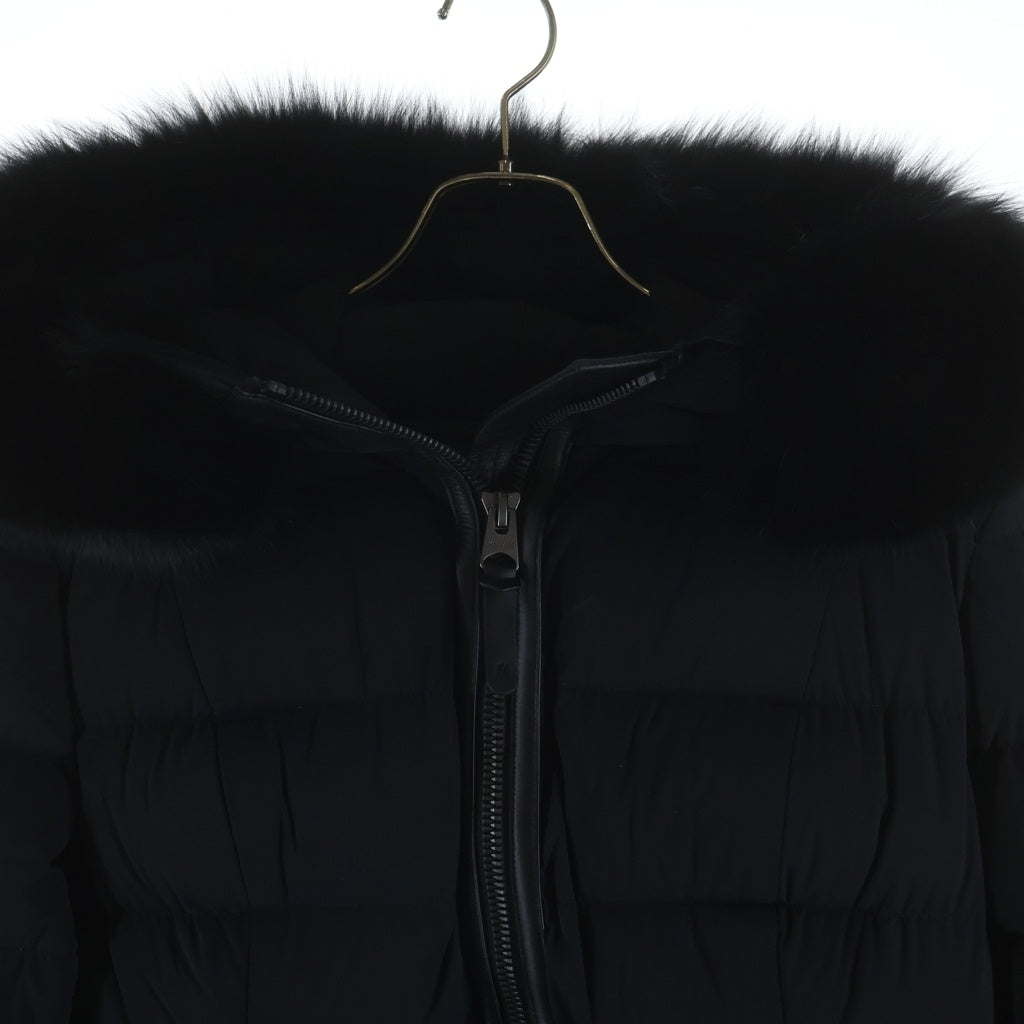 MACKAGE(マッカージュ) レザートリム ファーフーデッド ジップアップ ダウン ロングジャケット コート ブラック レディース 11332618-3A