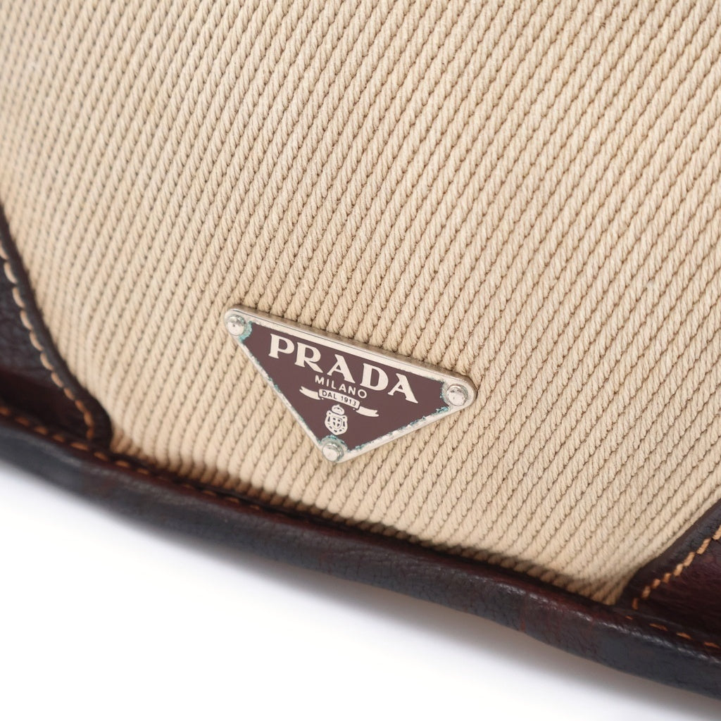 PRADA(プラダ) 三角ロゴプレート ショルダーバッグ ブラウン×アイボリー レザー×キャンバス シルバー金具 レディース
