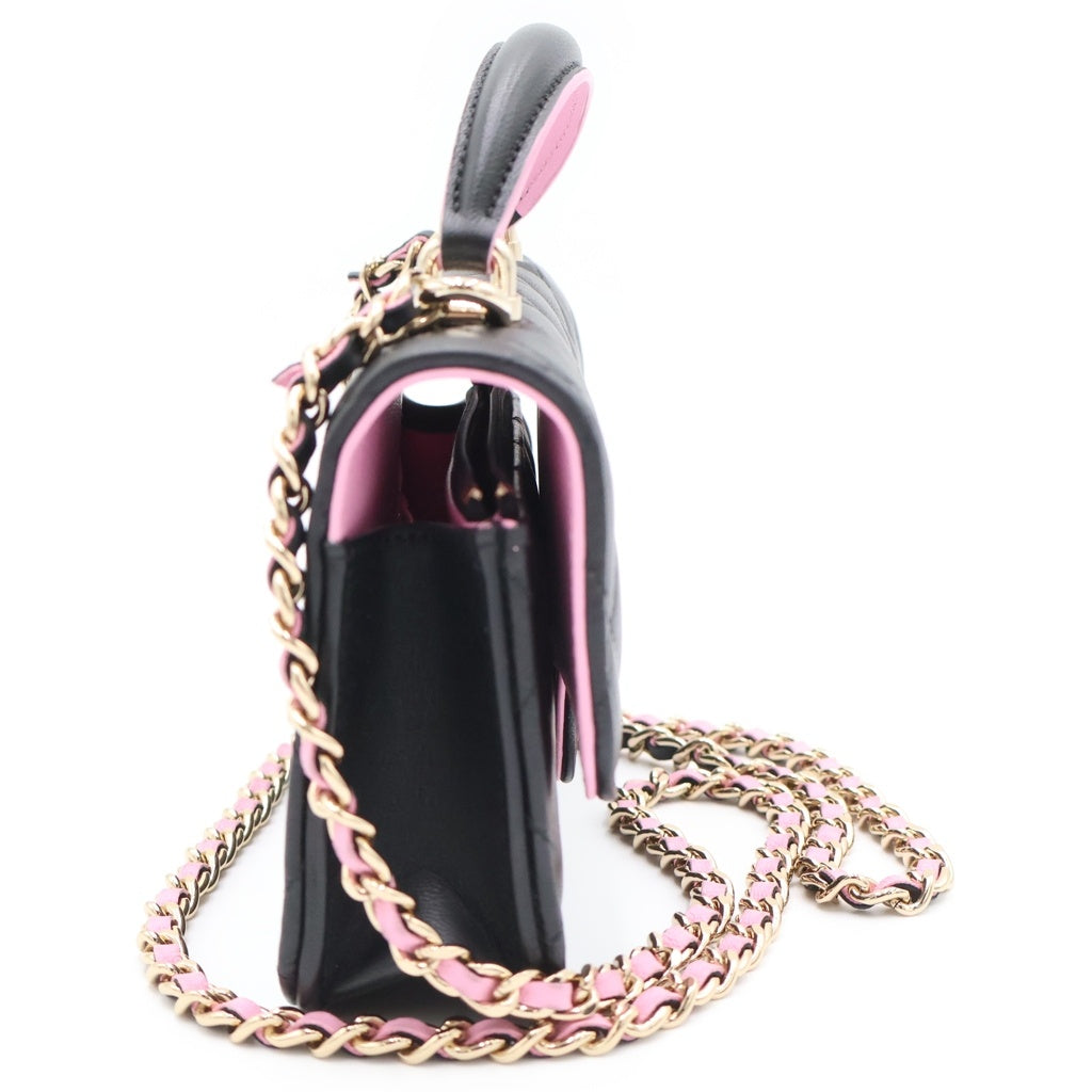 CHANEL(シャネル) マトラッセ フォンケース ショルダーバッグ ミニハンドバッグ チェーンバッグ ブラック×ピンク ラムスキン AP3226 ゴールド金具 レディース