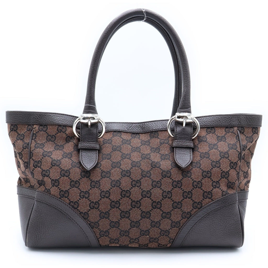 GUCCI(グッチ) GGキャンパス トートバッグ ハンドバッグ ブラウン レザー×キャンバス 289716 シルバー金具 レディース