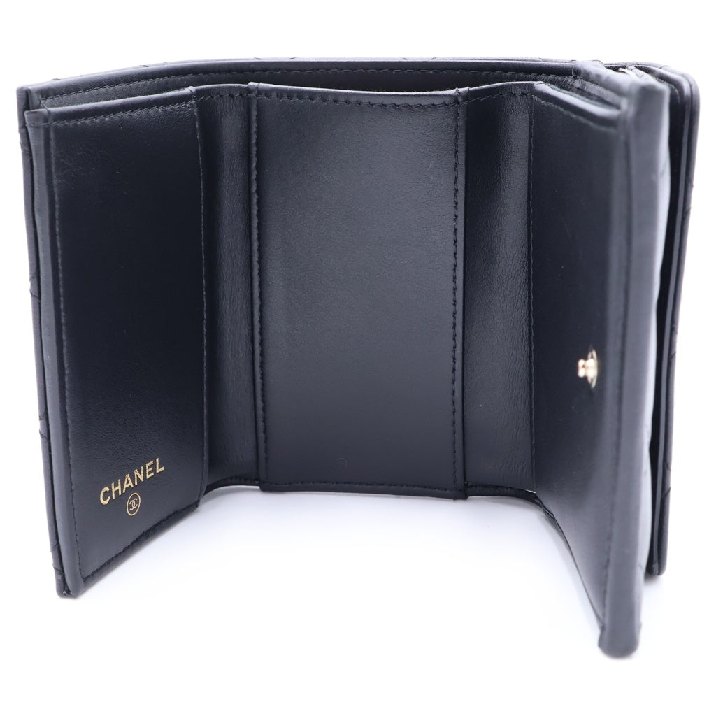 CHANEL(シャネル) ココマーク ラインストーン 三つ折り財布 コンパクトウォレット コインケース ブラック ラムスキン ゴールド金具 レディース