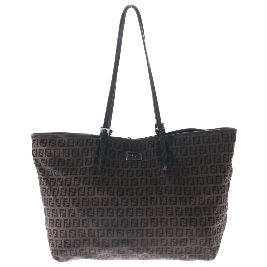 FENDI(フェンディ) ズッカ トートバッグ ハンドバッグ ブラウン×ブラック レザー×キャンバス ブラック金具 レディース